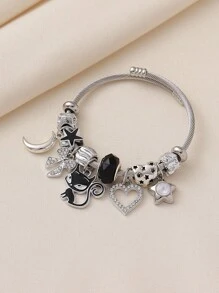 1件优雅个性暗黑猫心形蝴蝶结星月吊坠大孔珠DIY手链，适合女性日常休闲派对佩戴，情人节礼物 - 貓咪月亮 - 查看 4