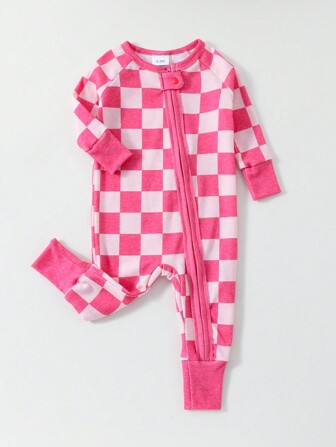 Baby Girls Snug Fit Pink Plaid Zipper Footed Pajamas, For Christmas