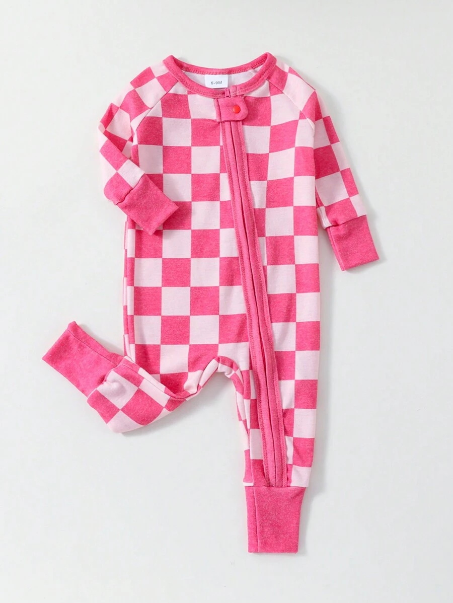 Baby Girls Snug Fit Pink Plaid Zipper Footed Pajamas, For Christmas
