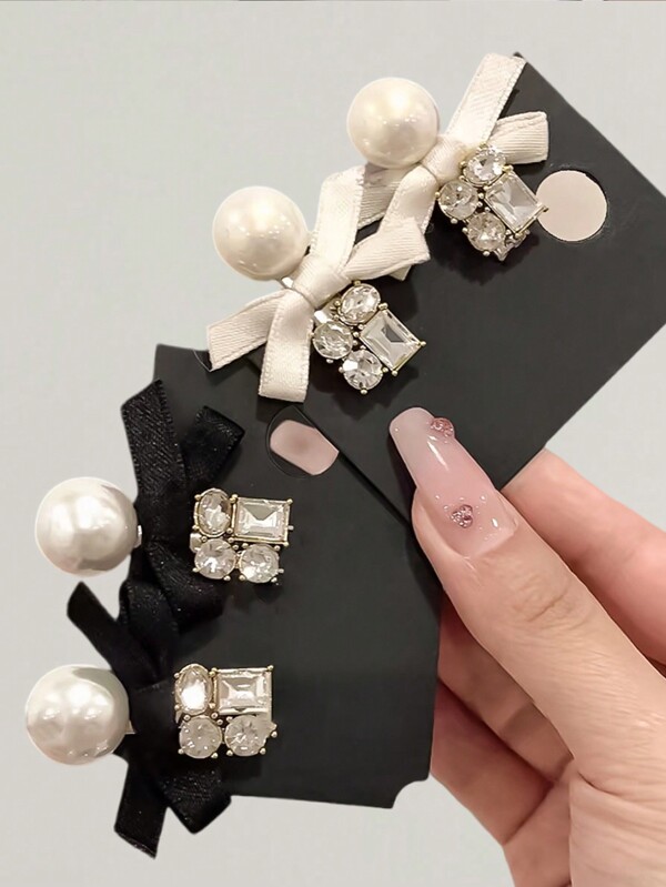 1pc Women Colorful Faux Pearl Beaded & Crystal Bowknot Alligator Hair Clip, Elegant And Graceful Accessory For Daily Wear Valentine's Day Valentines Claw Clips Hair Claws Hair Barrettes