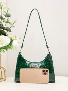 Ladies Fashionable Crocodile Pattern Zipper Shoulder Bag, Tready Crescent Moon Bag For Women , Green - Dark Green - View 6