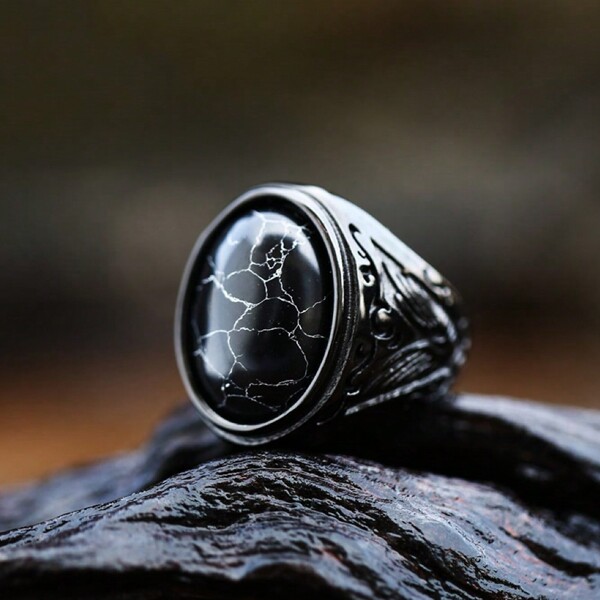 1 Anillo  de piedra negra de moda vintage, banda cómoda de estilo punk gótico, regalo del día del padre para hombres / niños