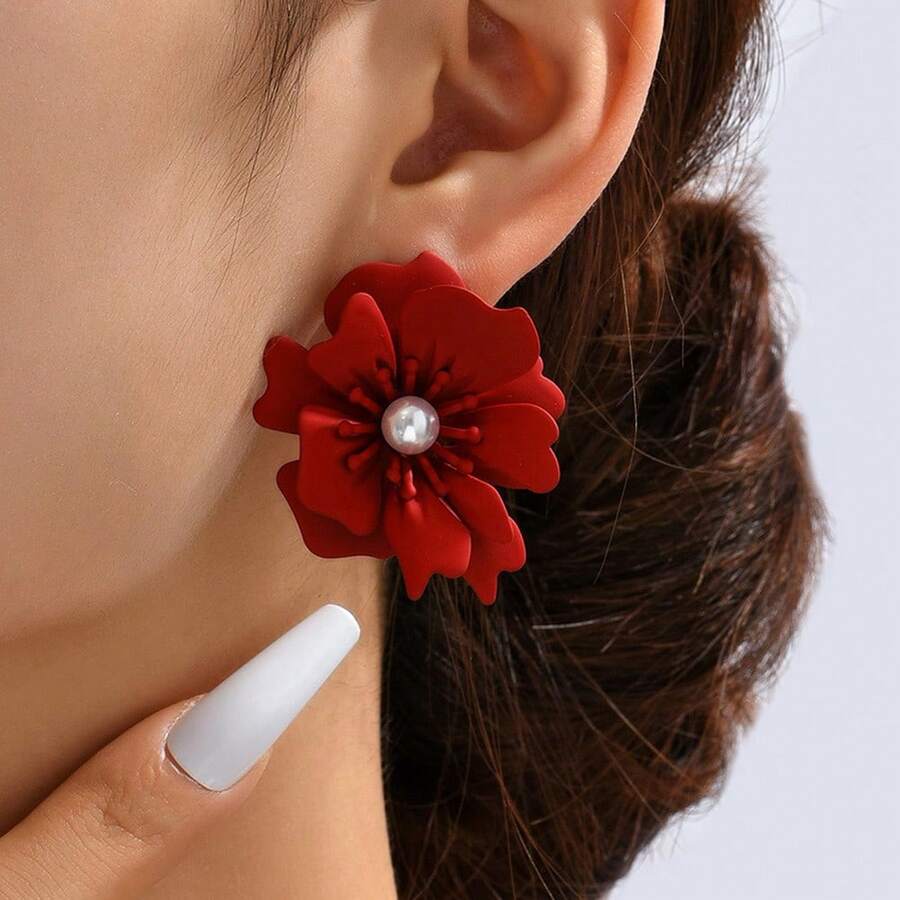 1pair Metallic Dopamine Style Colorful Fashionable Flower Design Long Pendant Earrings - Flowers - View 1