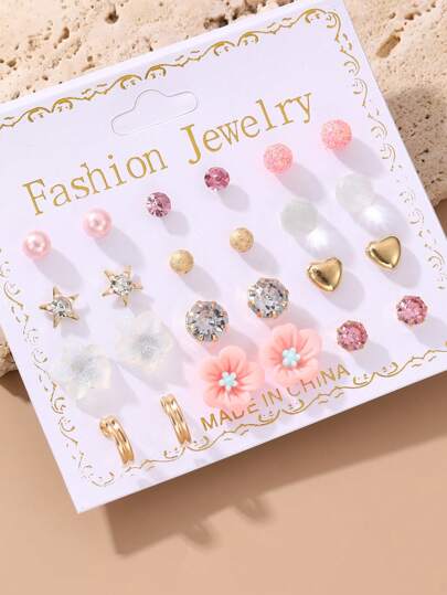 12 Pairs/Set Girls' Heart Rhinestone Pearl Earrings Assorted Styles And Colors