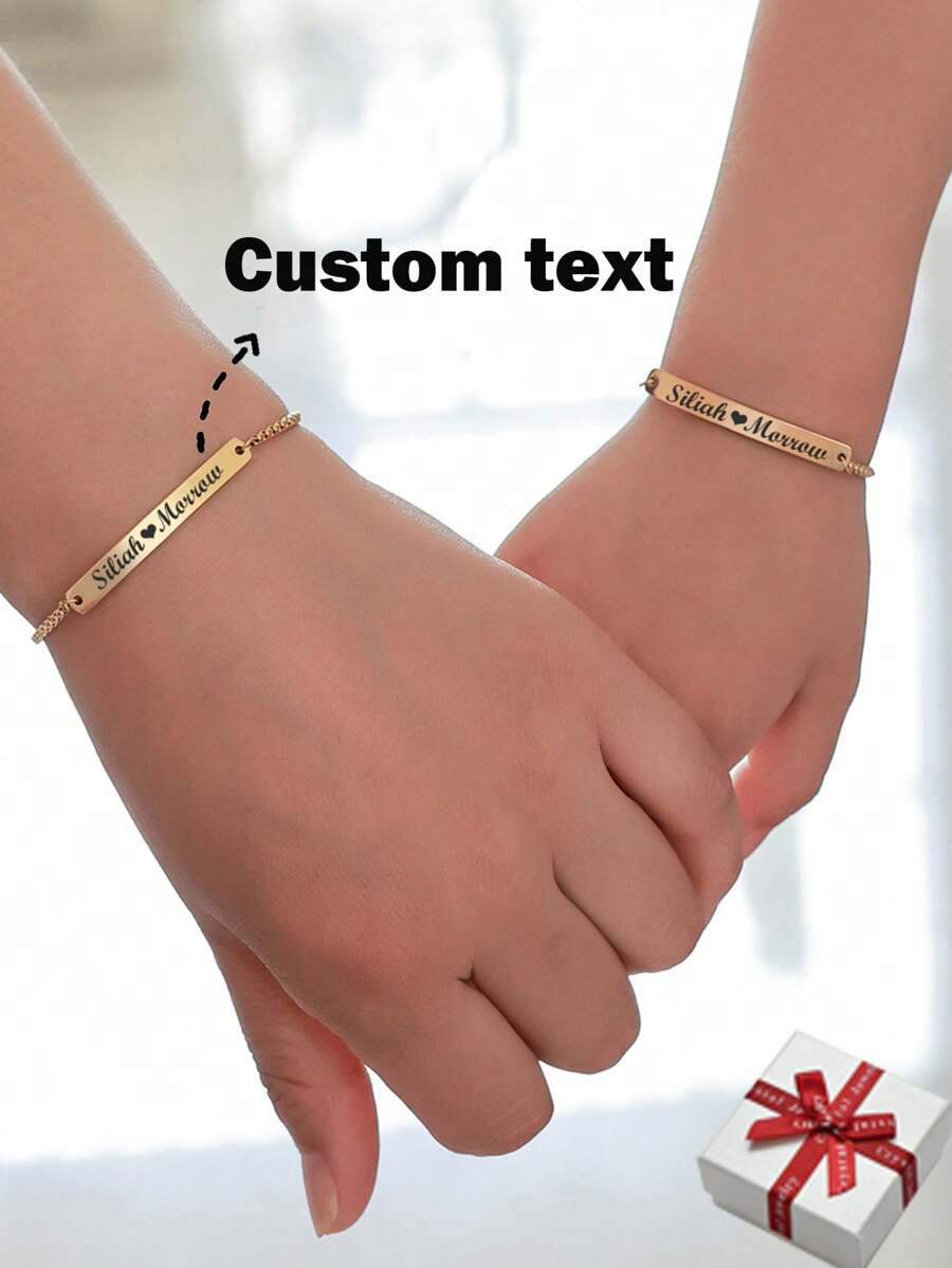 定制雕刻礼品可调节不锈钢条形手链带链条，个性化男女通用珠宝 - 金色 - 查看 1