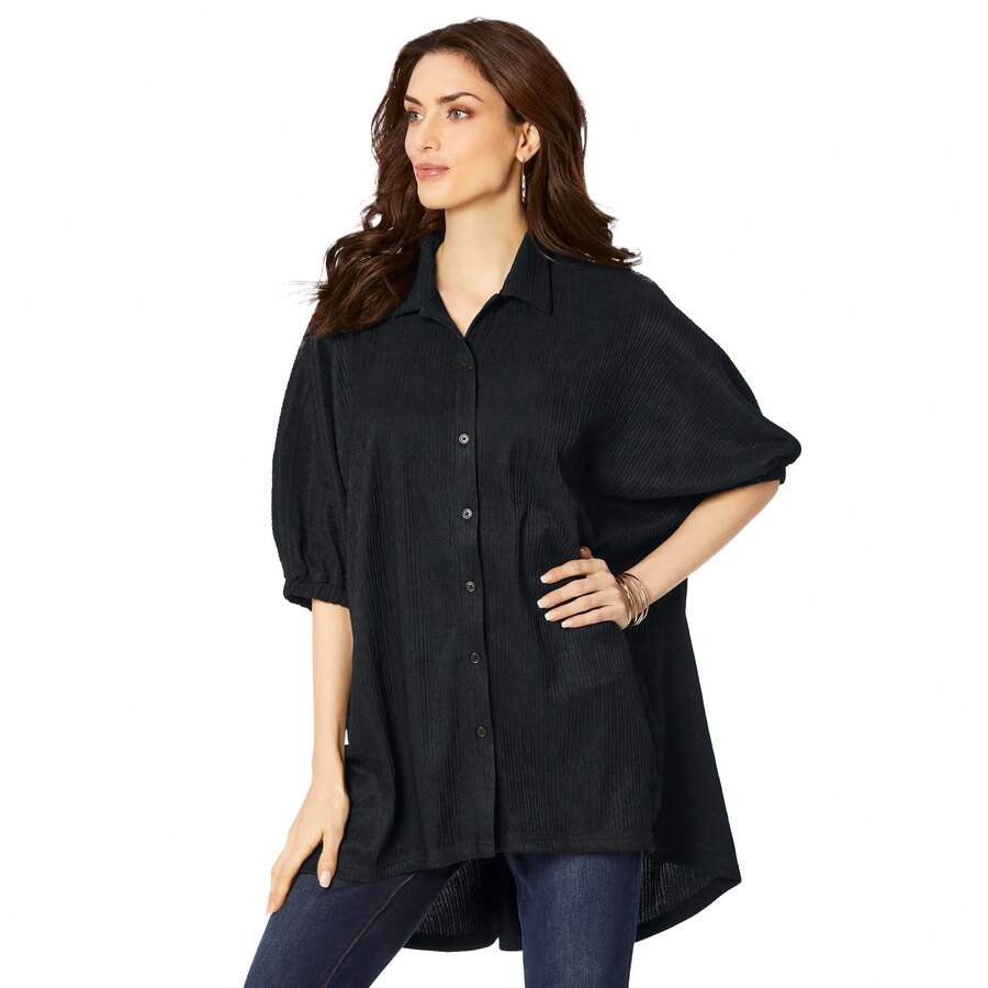 Roaman's Women's Plus Size Button-Down Textured Knit Tunic. - 黑色 - 查看 1