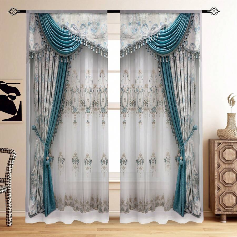 2pcs Blue Semi-Transparent Polyester Curtains With Printed Window Design, Ideal For Living Room, Game Room, Bedroom And Kitchen - Blue Curtains - View 1
