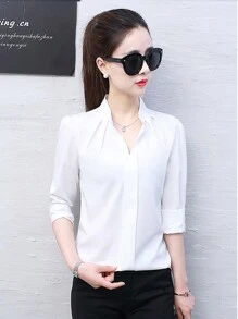 Señoras de color sólido de moda suelta camisa casual de manga larga, de gasa de cuello alto botón blusa delantera, ligero transpirable y cómodo tops - Burdeos - Ver 6