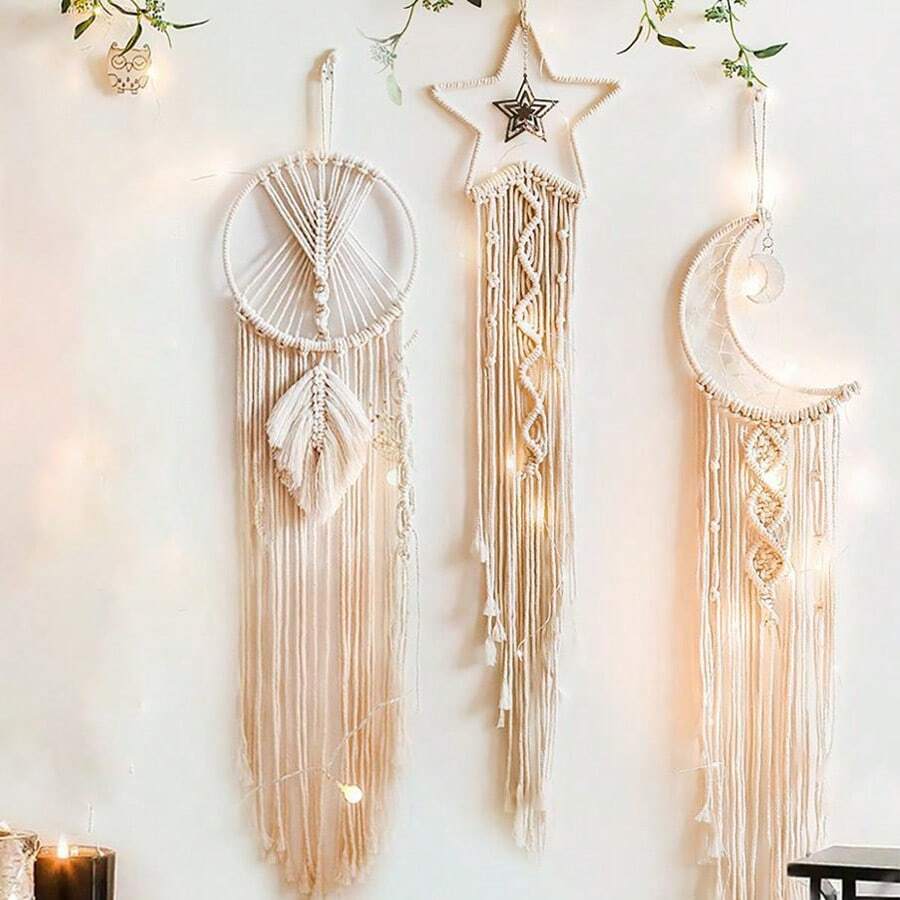 1Pc Boho Macrame Woven Wall Hanging Crochet Crescent Moon Star Dream Catcher With Long Tassel Dream Catcher Wall Decor Handmade Bohemian Home Decor Decoration Art Craft For Kids Bedroom Dorm Room,Lighting Not Included,Home Decor ,Room Decor,Wall Decor Gifts Birthday Graduation