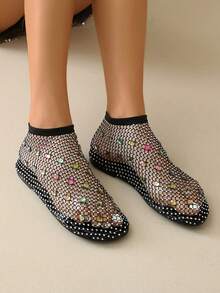 Sandały damskie w stylu europejskim z gumką i zdobieniem ze strasów, duże rozmiary, seksowne, wsuwane, z siateczki - Czarne - Zobacz 6