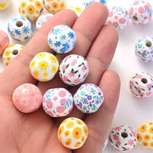 10 pièces/set Perles en bois à fleurs de marguerite de 16 mm, perles florales imprimées de style bohème rustique pour l'été, artisanat DIY, bijoux, guirlandes, création artisanale pour la Saint-Valentin