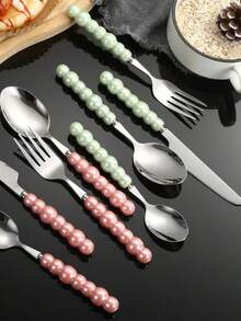 A Set Of 4 Thickened Ceramic Pearl Handled Stainless Steel Western Cutlery Set Dessert Spoon Main Spoon High-End Western Knife And Fork Mixing Rice Spoon Soup Spoon - Multicolor - View 4