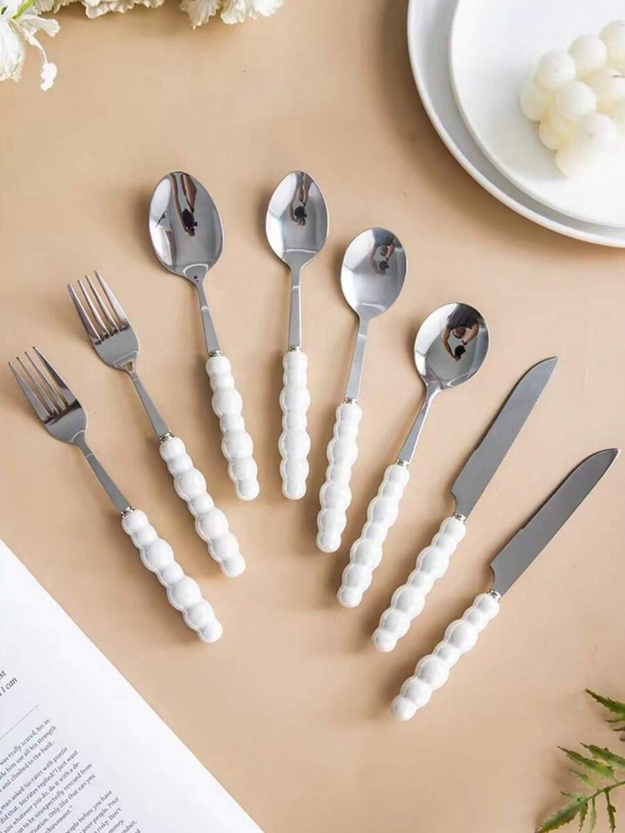 A Set Of 4 Thickened Ceramic Pearl Handled Stainless Steel Western Cutlery Set Dessert Spoon Main Spoon High-End Western Knife And Fork Mixing Rice Spoon Soup Spoon - Multicolor - View 1
