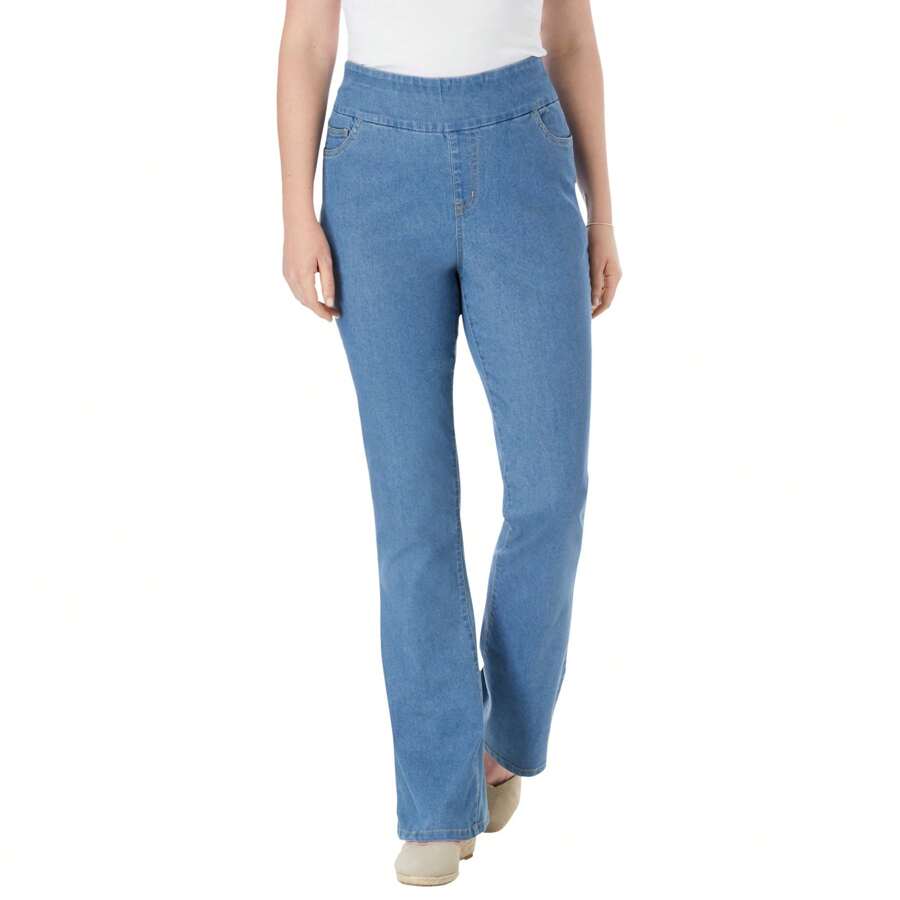 Woman Within Plus Size Petite Flex-Fit Pull-On Bootcut Gap-Free Stretch Denim Jeans - 淺色石洗 - 查看 1