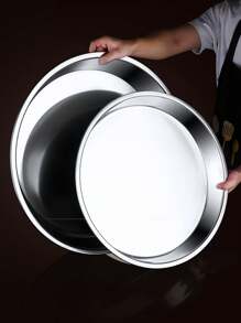 11.7-13.2inch Stainless Steel Round Plate Extra Large Serving Tray For Rice, Dish, Noodles And Cake Christmas Gift - Silver - View 4