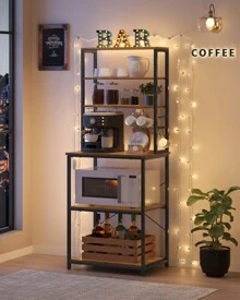 SONGMICS HOME Estantería de Cocina, Estantería de Panadería, 6 Estantes y 6 Ganchos, para Microondas, Marco de Acero, Industrial, 40 x 60 x 167 cm, Marrón Rústico y Negro Tinta - Marrón - Ver 2