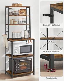 SONGMICS HOME Estantería de Cocina, Estantería de Panadería, 6 Estantes y 6 Ganchos, para Microondas, Marco de Acero, Industrial, 40 x 60 x 167 cm, Marrón Rústico y Negro Tinta - Marrón - Ver 7