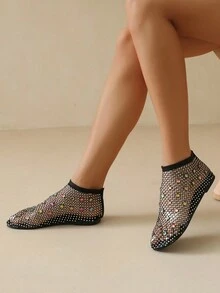 Sandały damskie w stylu europejskim z gumką i zdobieniem ze strasów, duże rozmiary, seksowne, wsuwane, z siateczki - Czarne - Zobacz 2