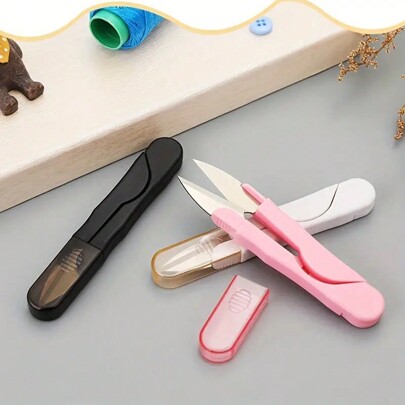 1pc Ergonomic U-Shaped Scissors,Plastic Handled Stainless Steel Scissors Cross Stitch Yarn Scissors With Cover Handmade Scissors - Durable, Precision Fabric And Thread Cutter For Sewing, Crafting, And Embroidery,Universal Thread Cutting Tools, Embroidery Scissors With Rubber Handle, DIY Tools For Crafts With Protective Cover