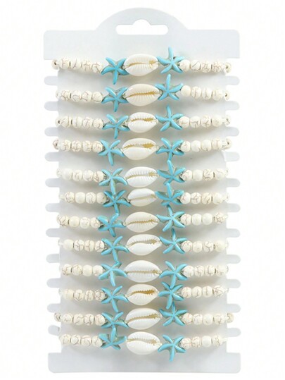 12pcs Bohemian Style Vacation Beach Starfish & Shell Bracelets Coastal Series Accessories Surfing Beach Rope Bracelet