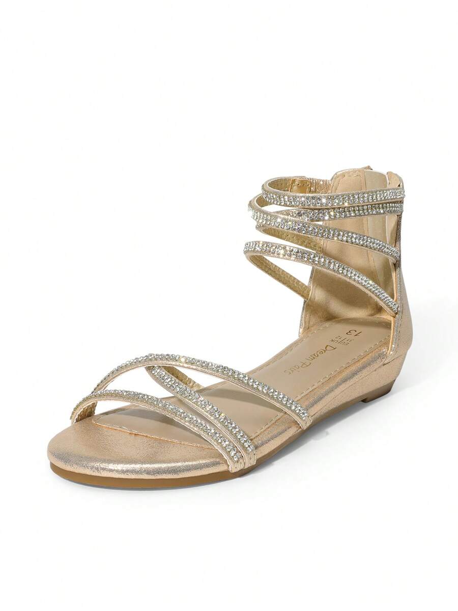 Girls Sandals Rhinestones Wedge Flatform Open Toe Gladiator Strappy PlatformSandals Multiple Crisscrossing Straps Summer Shoes With Zipper - Vàng - Xem 1