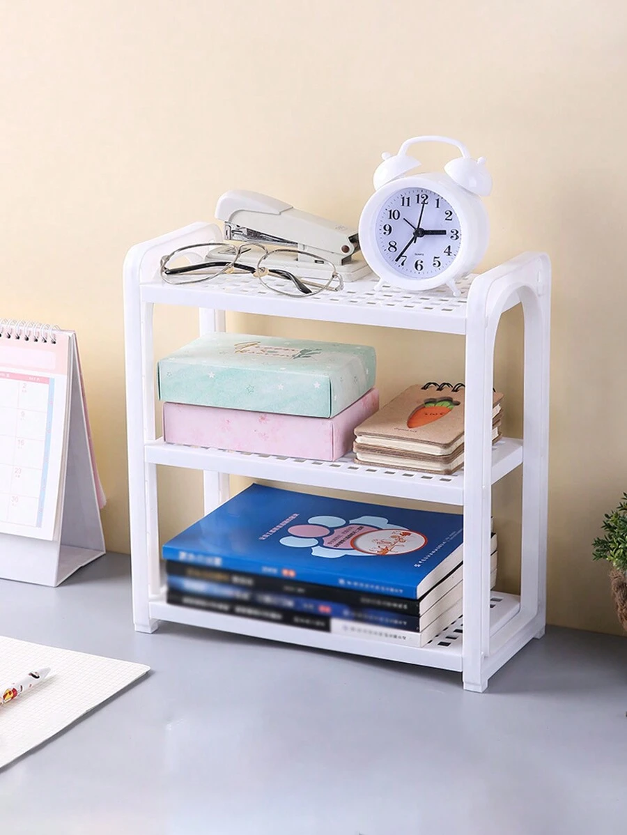 1 pieza de estante de almacenamiento de plástico blanco de 3 niveles para escritorio, organizador para papelería y cosméticos de oficina - Blanco - Ver 1