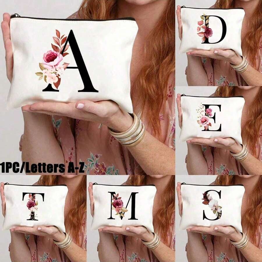 1pc Cosmetic Bag Makeup Bags Wallet Name Initials A-Z Letter Pattern Toiletry Organizer Pouch Wash Bag Zipper Phone Purse Pencil Pouch Clutch Bag Teacher Gifts Travel Essentials For Women Girl Gift For For Makeup Tools Makeup Brushes Storage,Boho Vibes,For Holiday Beach, Bathroom Collection, Bedroom Collection, Large Capacity
