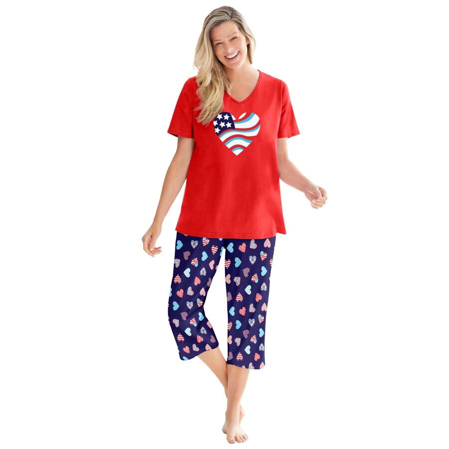 Dreams & Co. Women's Plus Size 2-Piece Capri PJ Set - NAVY AMERICANA HEART - View 1