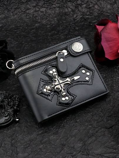 1pc New Retro Men Wallet Short Fashionable Punk Black Skull & Crossbones Two-Fold Zip Wallet Casual Card Holder Chain For Outdoor Use Goth Wallet For Men Wallet Purse Wallet Small Wallet Men Wallet Leather