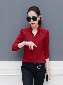 Señoras de color sólido de moda suelta camisa casual de manga larga, de gasa de cuello alto botón blusa delantera, ligero transpirable y cómodo tops - Burdeos - Ver 1