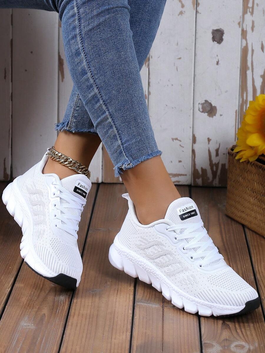 Ladies Lightweight Fabric Sports Shoes With Stripe Decoration, Lace-Up, Non-Slip Sole, Running Shoes - White - View 1