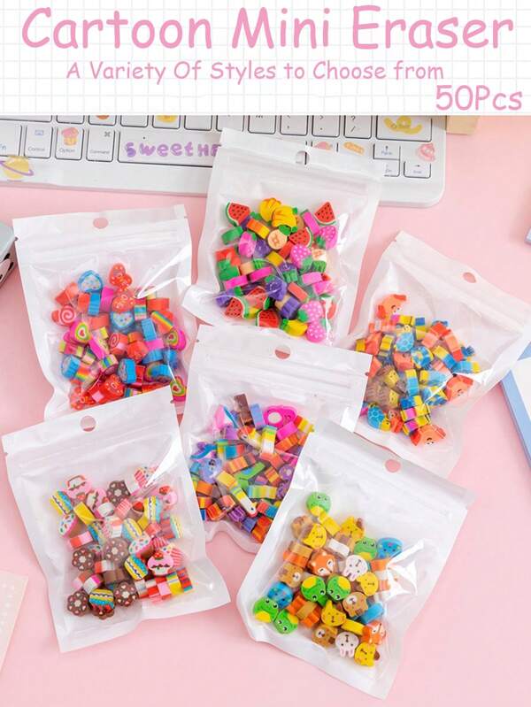 50pcs Mini Cartoon Erasers, Various Styles, Small And Convenient To Carry, Easy To Clean, Material That Does Not Damage Paper Back To School