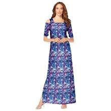 Roaman's Women's Plus Size Petite Ultrasmooth Fabric Cold-Shoulder Maxi Dress - CETAK KUPU-KUPU NAVY - View 1