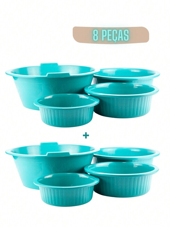 Conjunto 8 Bacias Plástico Redonda Colorida Canelada P M G GG Cozinha Lavanderia Jardinagem