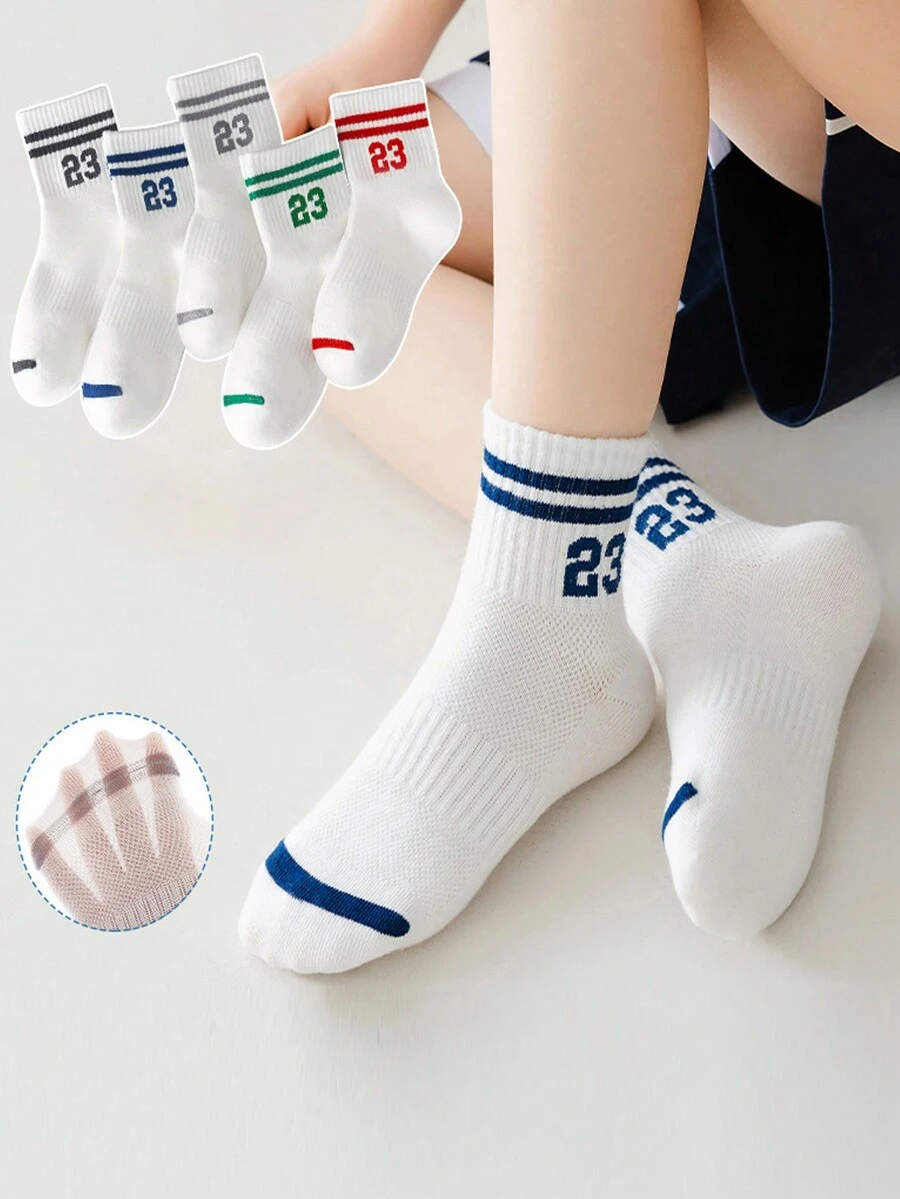 5pairs Children Mesh Thin College-Style Sports Socks With Numbers, Mid-Calf Football Socks Sweat-Absorbent And Breathable - Multicolor - View 1