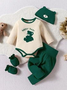 嬰兒男孩熊和英文印花長袖連體衣和褲套裝（4件裝）
