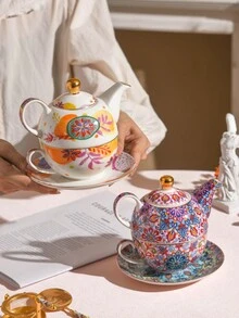 1入組咖啡杯+1入組碟子+1入組茶壺，歐式水果波希米亞陶瓷咖啡杯碟子，下午茶套裝，母子茶壺，帶金邊家用茶具 - 混色 - 查看 4