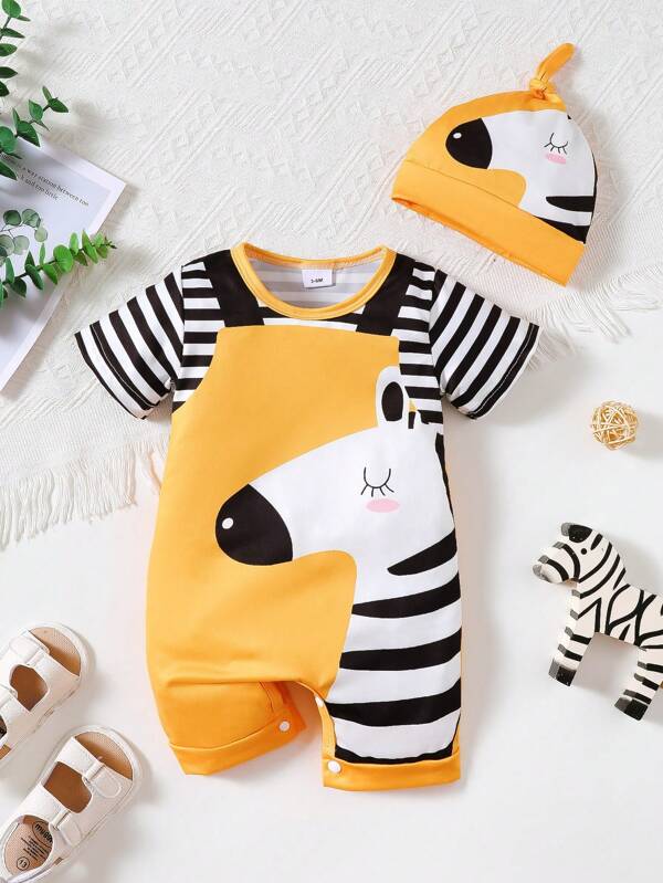 Baby Boy Cute Cartoon Zebra Short Sleeve Romper With Hat Set