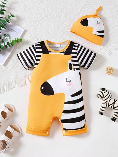 Baby Boy Cute Cartoon Zebra Short Sleeve Romper With Hat Set