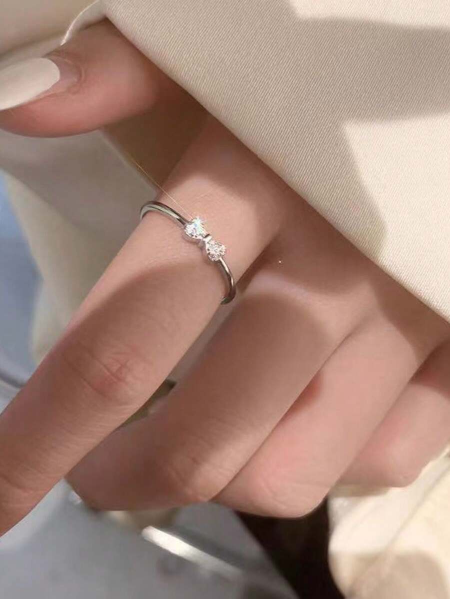 1pc Cute & Simple Bowknot Design Open Ring For Women, Non-Fading, Adjustable - Silver - View 1