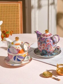 1入組咖啡杯+1入組碟子+1入組茶壺，歐式水果波希米亞陶瓷咖啡杯碟子，下午茶套裝，母子茶壺，帶金邊家用茶具 - 混色 - 查看 6