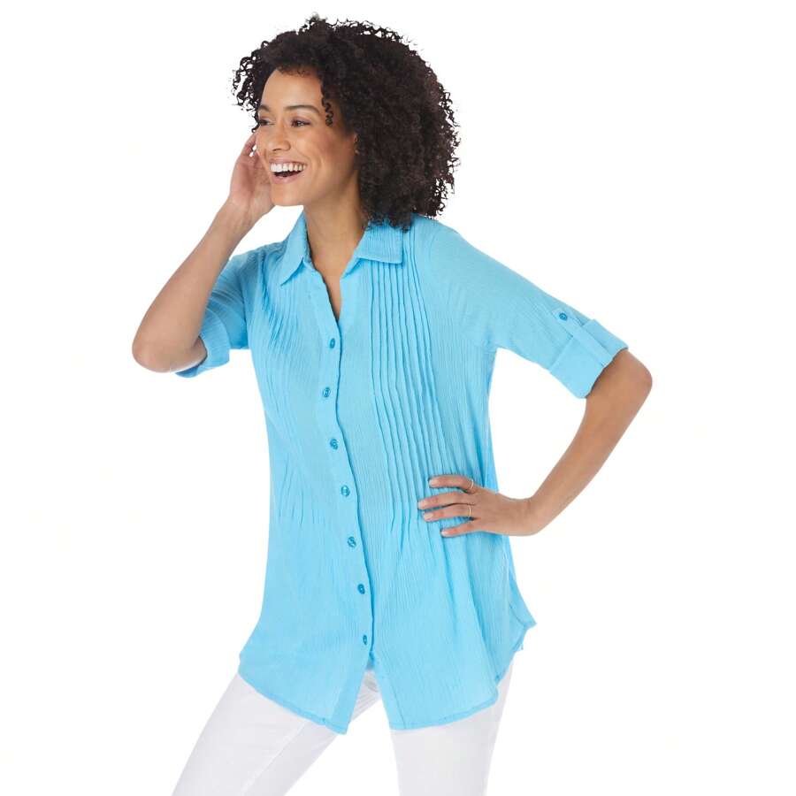 Woman Within Women's Plus Size Pintucked Button Down Gauze Shirt