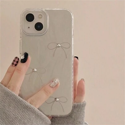 Elegant Feather Chiffon Bowknot IMD Phone Case Compatible With IPhone 17 Pro Max/17 Pro/17, 16 Pro Max/16 Pro/16, 15 Pro Max/15 Pro/15, 14 Pro Max/13 Pro Max, Minimalist Cartoon Design For Women