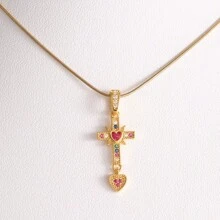 方晶锆石镀铜 18K 金和心形吊坠项链，不锈钢链项链，适合女士派对和婚礼情人节 - 金黃色 - 查看 12
