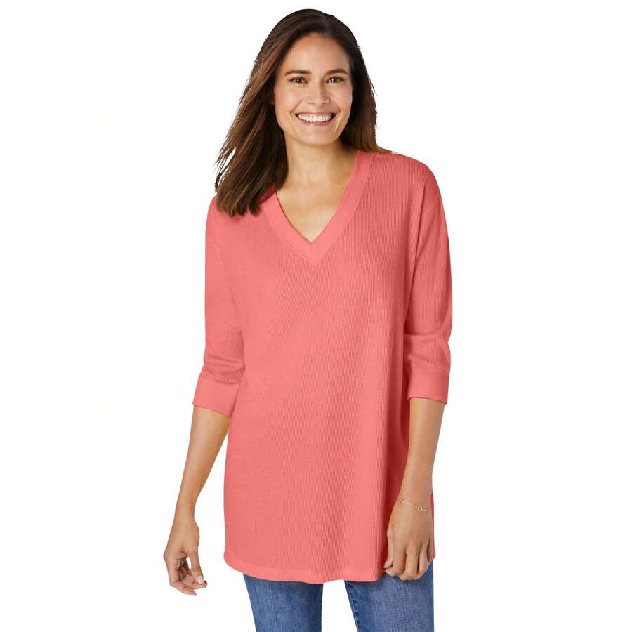 Woman Within Women's Plus Size Three-Quarter Sleeve Thermal Sweatshirt - 甜珊瑚 - 查看 1