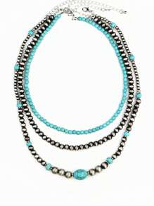 3pcs Vintage Silver Tone Turquoise Beaded Necklace, Retro Choker Necklace Suitable For Daily Wear With Various Outfits