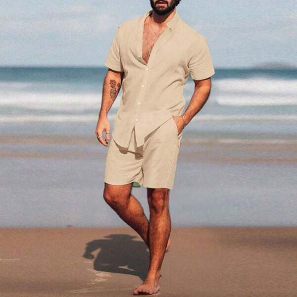 Conjunto Camisa e Short Lisa Havaiano Estampado Adulto Masculino Tecido de Viscolinho com elastano