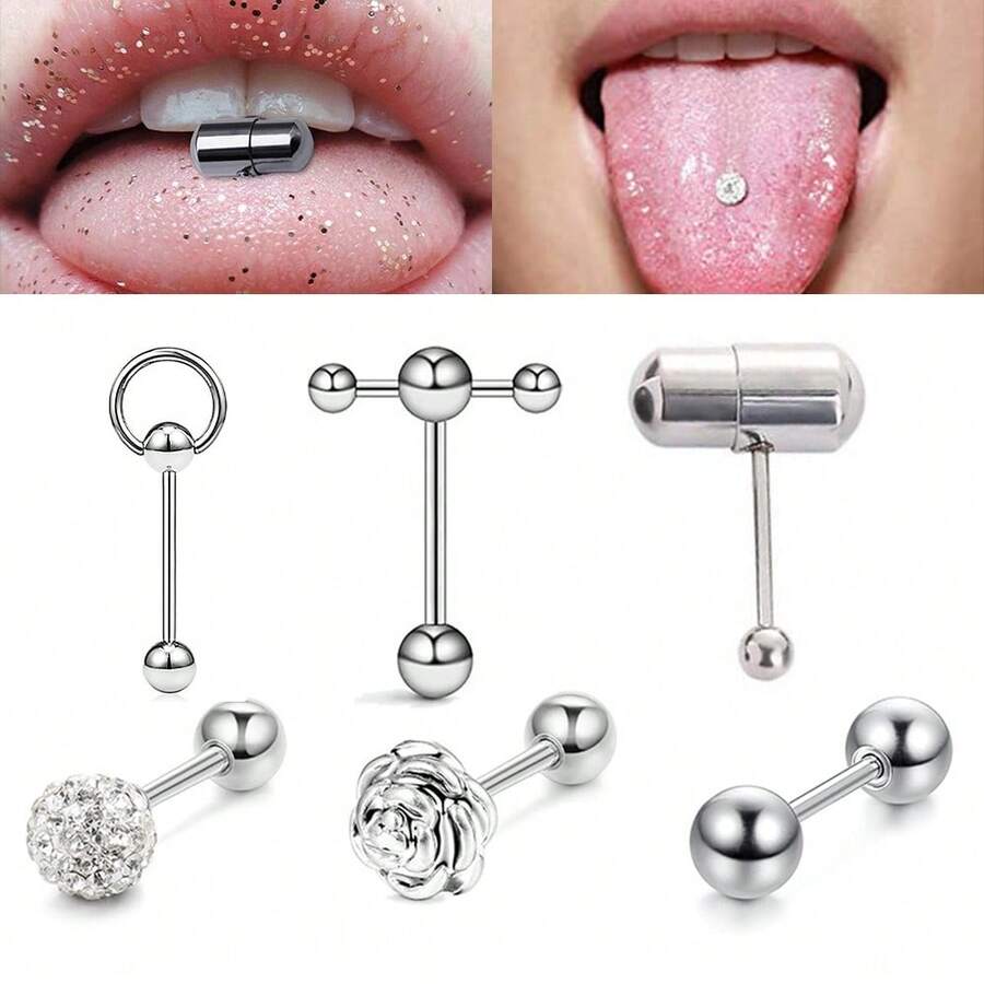 18pcs Stainless Steel Vibrating Tongue Ring Barbell Body Piercing Jewelry, Punk Style