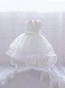 女婴纯色无袖网纱刺绣公主裙，带蝴蝶结，优雅大方，不含发带 - 白色 - 查看 2