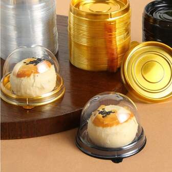 50 piezas Cajas mini transparentes con tapas, soportes redondos para cupcakes, recipientes de plástico para puffs de yema de huevo, cajas con cúpula para pasteles de luna, cajas para empacar hornear, utensilios de cocina, suministros de cocina